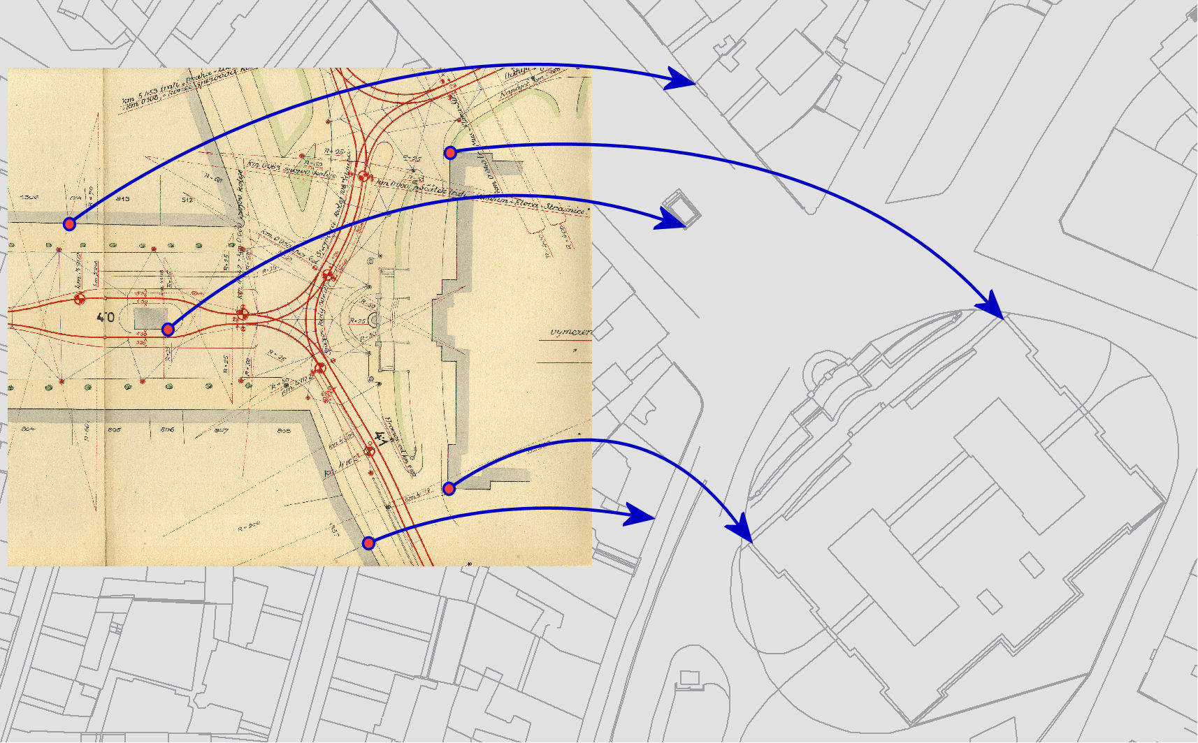 Označení identických bodů na mapě a na referenčním plánu Prahy.<br><small><i>Jako ukázka použit situační plán přeložení tramvajových kolejí z roku 1928 (Národní archiv, fond MŽ-I, karton 687)</i></small>