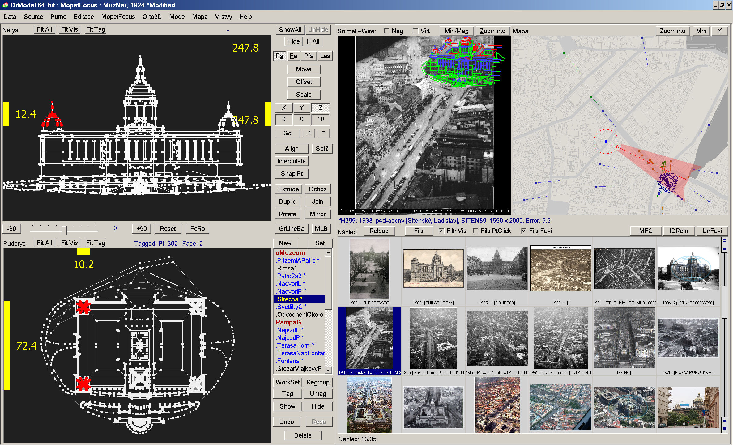 DrModel – pracovní plocha s nárysem a půdorysem modelu (vlevo), lištou nástrojů (uprostřed) a relevantními fotografiemi (vpravo).