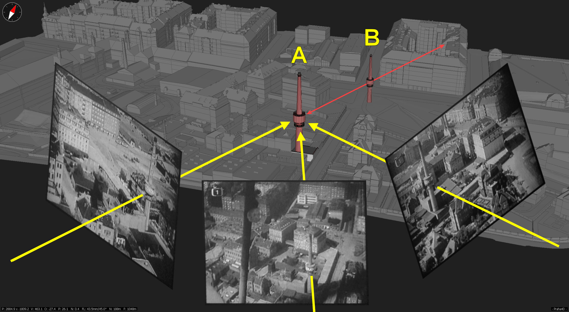 Triangulace továrního komínu pomocí tří fotografií pořízených z různých směrů (od jihozápadu, od jihu a od východu).<br><small><i>Fotografie převzaty z Hledání ztraceného času (ČT, K. Čáslavský, P. Vantuch), díl Čokoládový film.</></small>