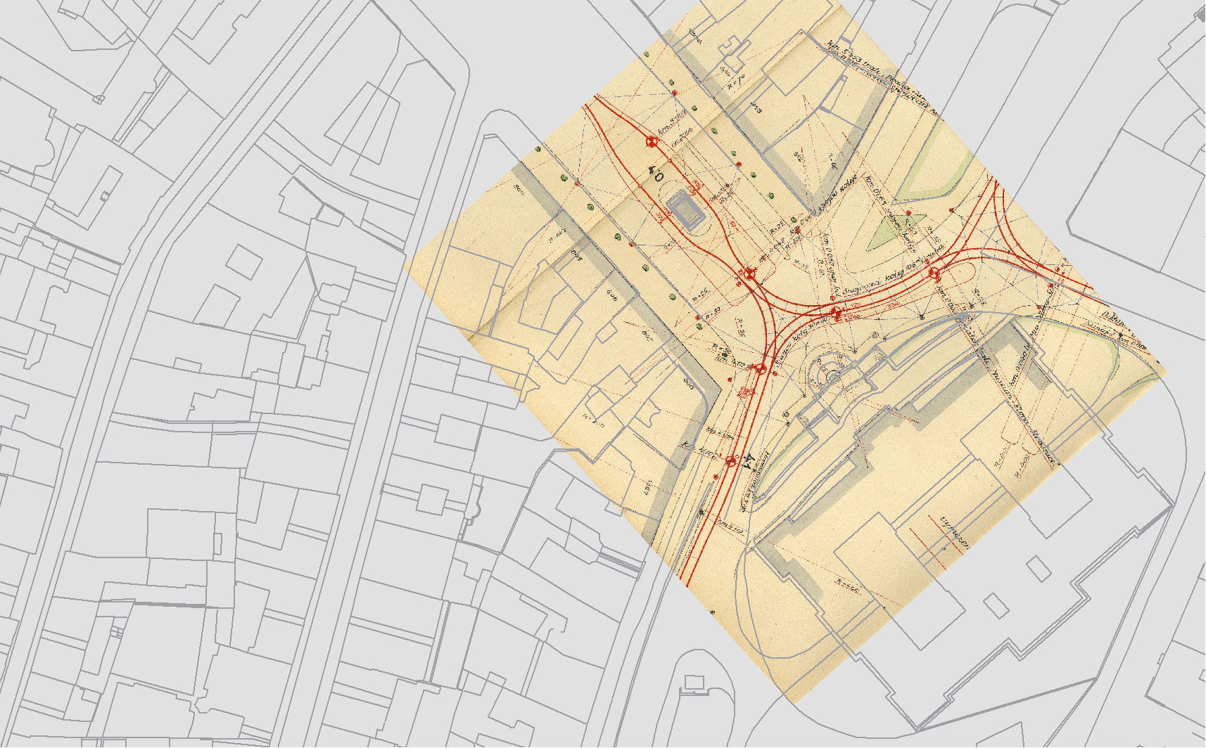 Georeferencovaná mapa na referenčním plánu Prahy.<br><small><i>Jako ukázka použit situační plán přeložení tramvajových kolejí z roku 1928 (Národní archiv, fond MŽ-I, karton 687)