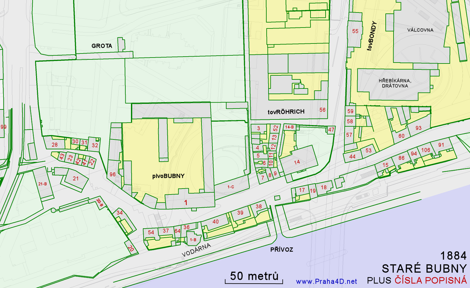 Syntetická vektorová mapa pro okolí dnešní stanice metra Vltavská ve stavu k roku 1884