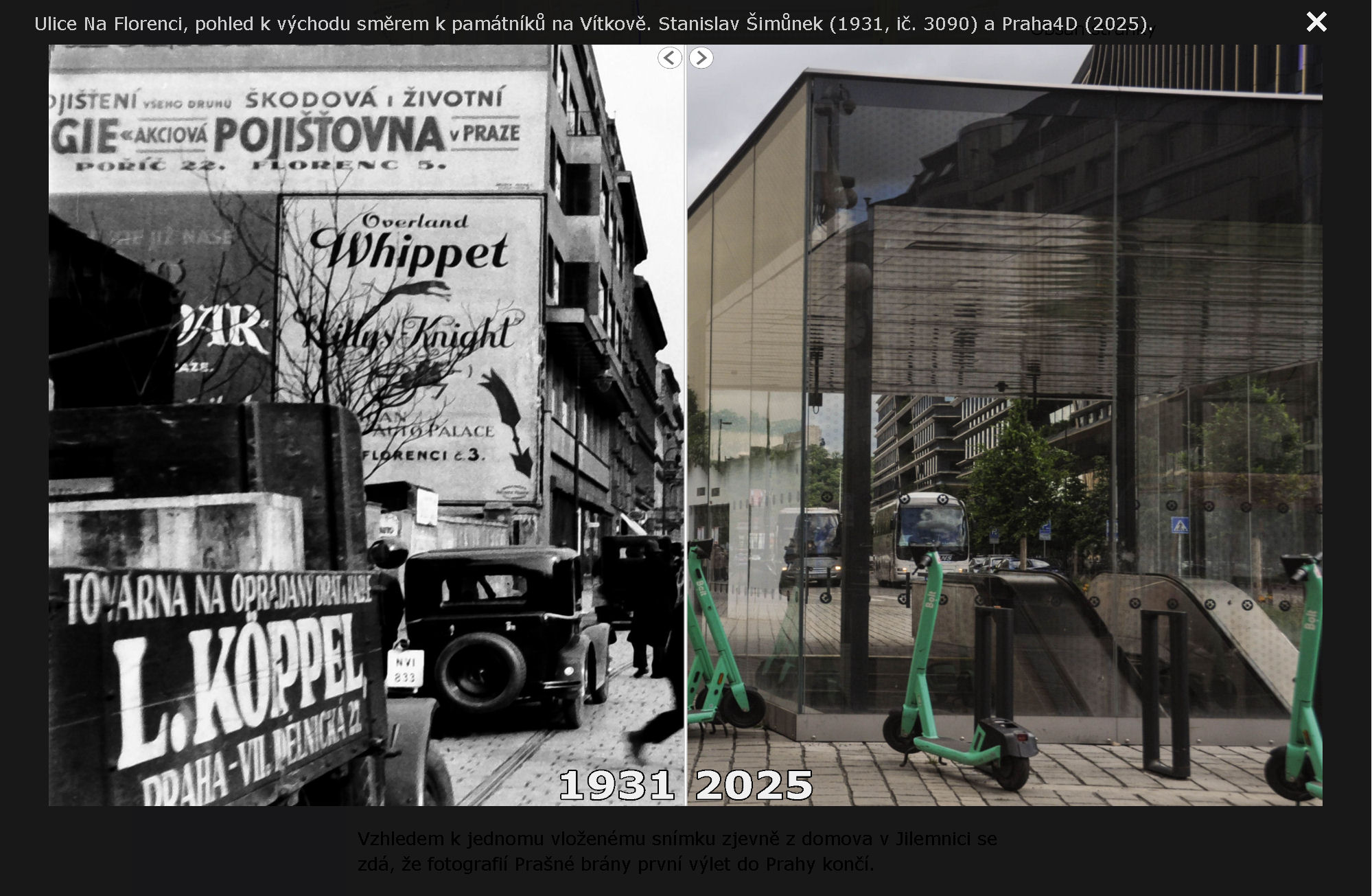 Ulice Na Florenci, pohled k východu směrem k památníků na Vítkově. Stanislav Šimůnek (1931, ič. 3090) a Praha4D (2025).
