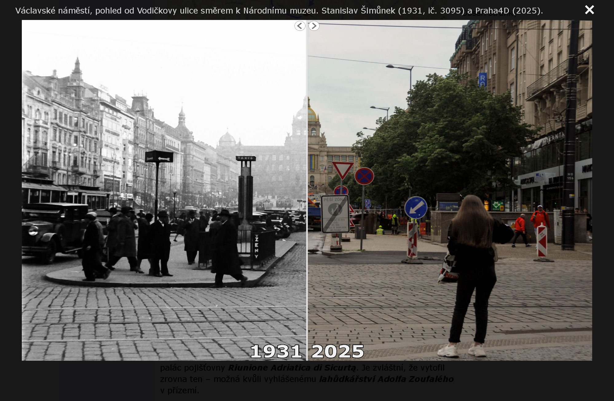 Václavské náměstí, pohled od Vodičkovy ulice směrem k Národnímu muzeu. Stanislav Šimůnek (1931, ič. 3095) a Praha4D (2025).