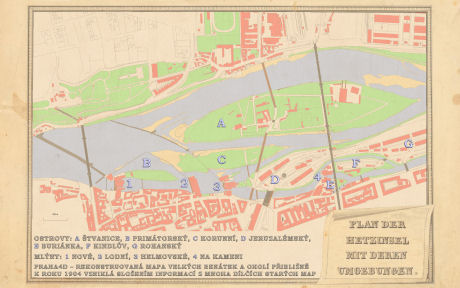 Rekonstruovaná mapa Velkých Benátek a jejich okolí kolem roku 1904.