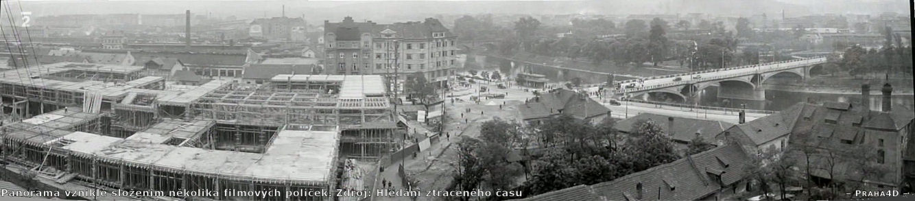Stavba budovy Elektrických podniků kolem roku 1933. Panorama vytvořené složením filmových políček.<br><small>Filmová políčka převzata z pořadu Hledání ztraceného času, díl Elektrické podniky. K. Čáslavský, P. Vantuch, ČT</small>