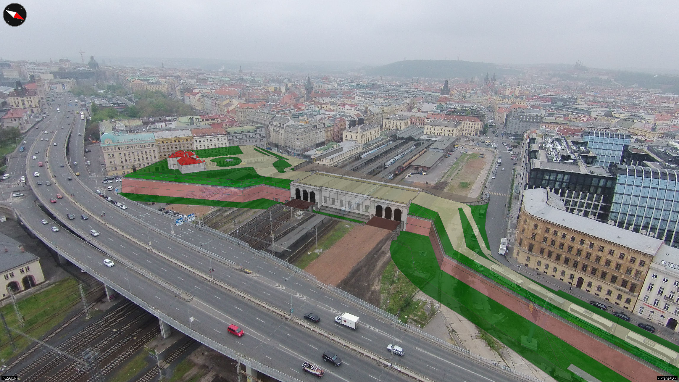 Železniční brána na dnešním Masarykově nádraží. Vlevo na bastionu kavárna Bohemia.