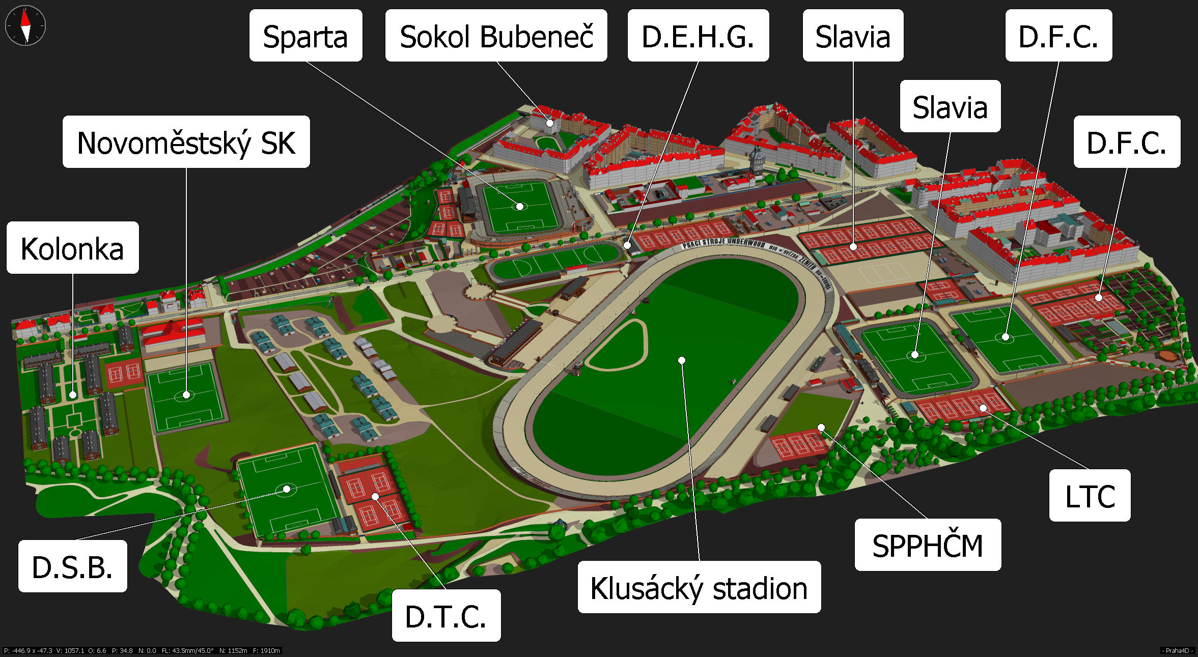 Letenská pláň, přehled sportovišť (stav cca 1924, bez záruky)