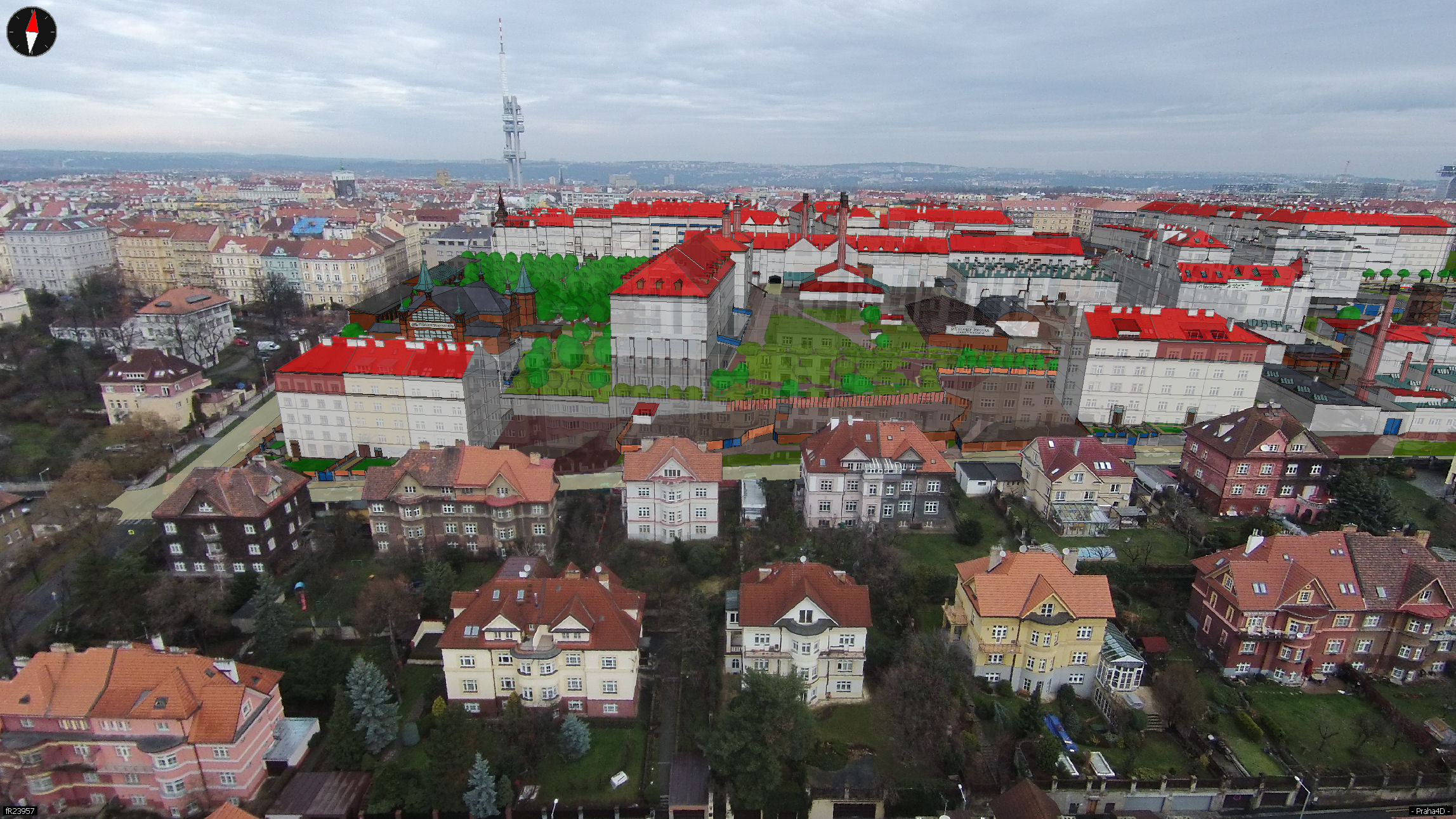 Pohled od jihu na vinohradský hřbet s pivovarem a na zástavbu v Hradešínské ulici pod ním.