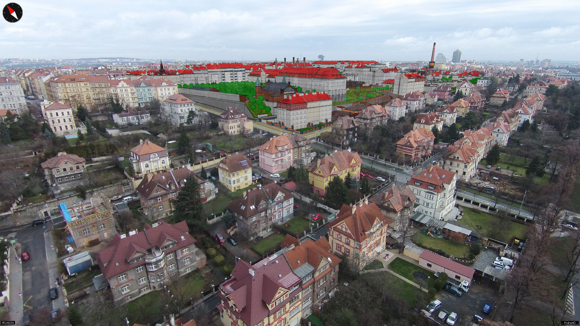 Viladomy mezi ulicemi Hradešínská a Na Šafránce a nad nimi Měšťanský pivovar. Pohled od jihozápadu.