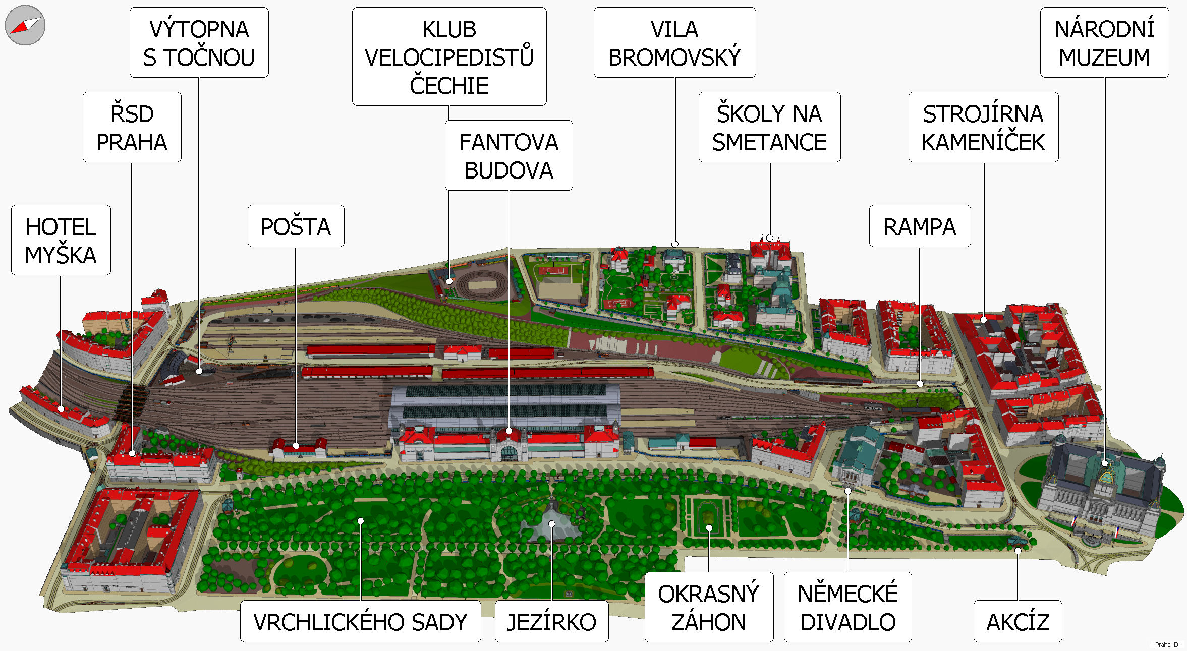 Významné budovy a objekty na Hlavním nádraží a v jeho okolí, stav v roce 1924.