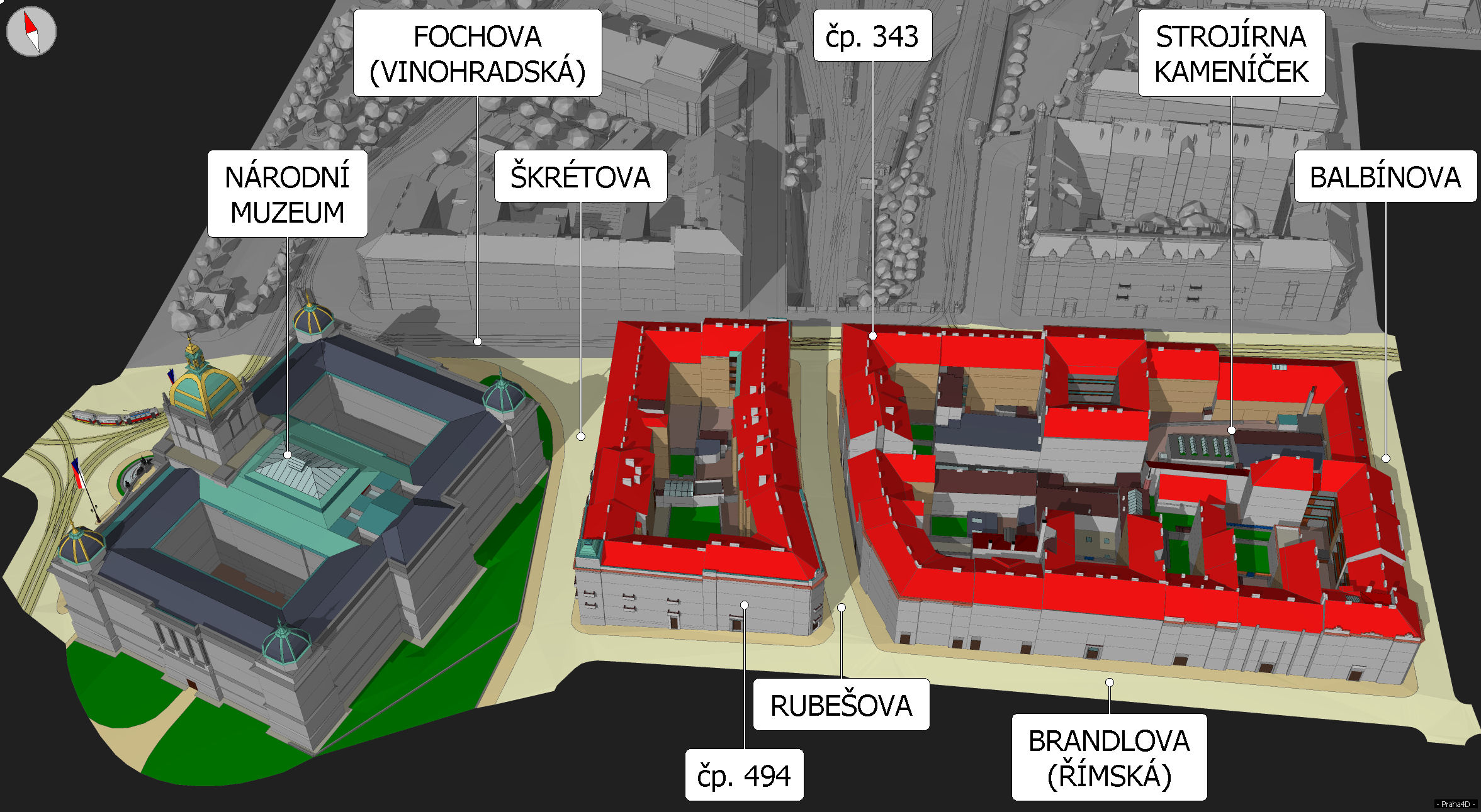 Domovní bloky nad tunelem, stav v roce 1924.