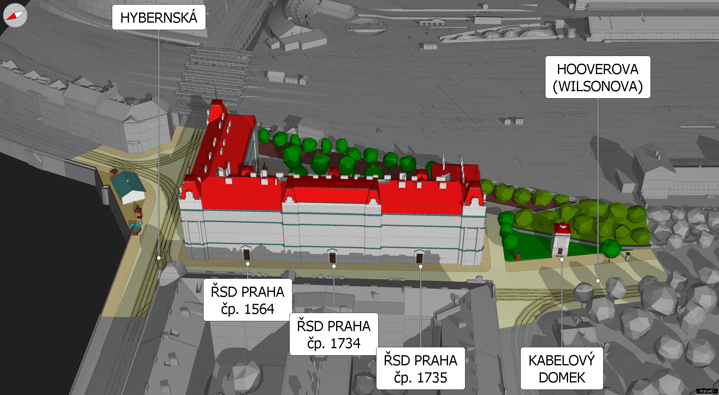 Budova ŘSD Praha a kabelový domek v roce 1924.