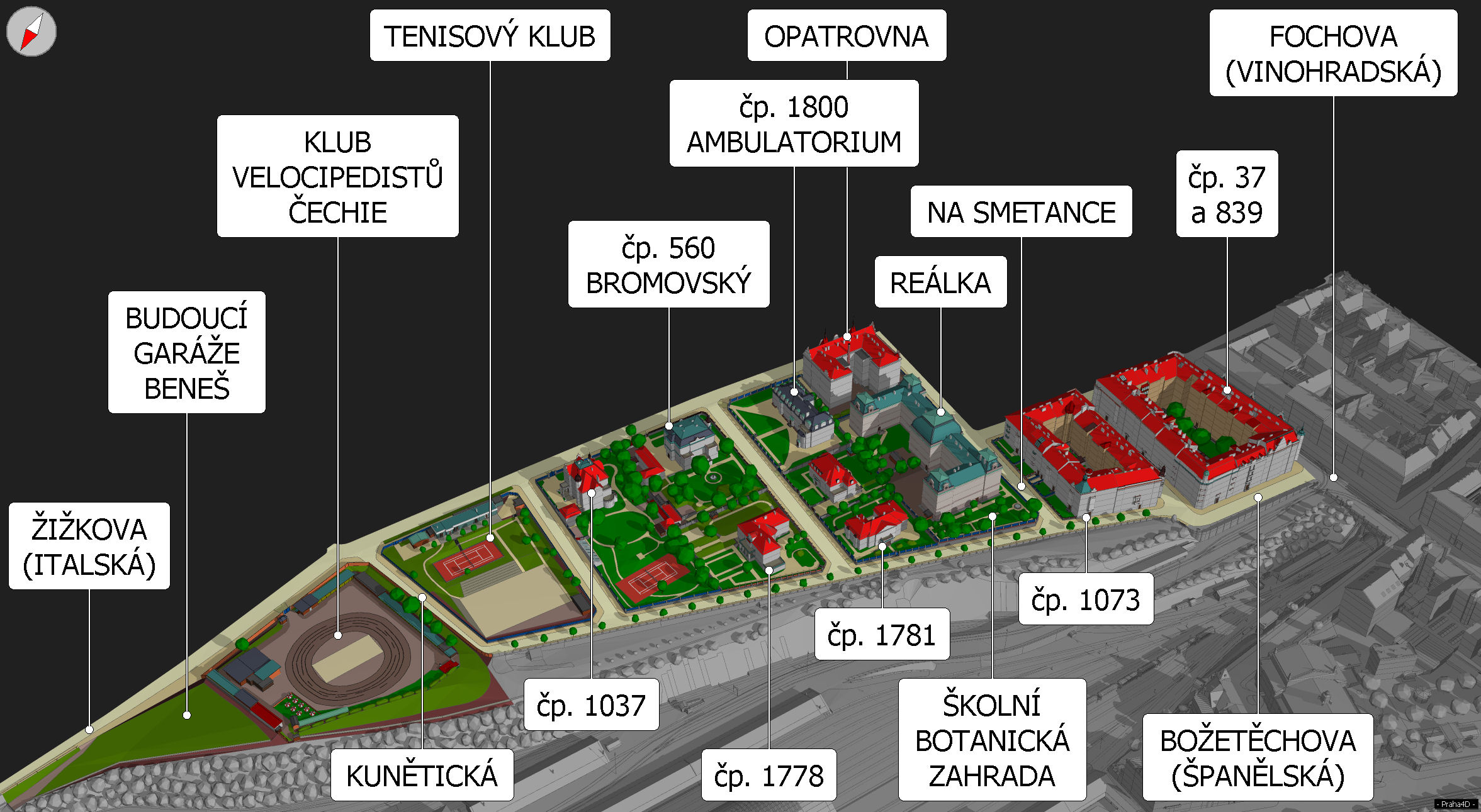 Významné budovy a objekty mezi Hlavním nádražím a dnešní Italskou ulicí, stav v roce 1924.