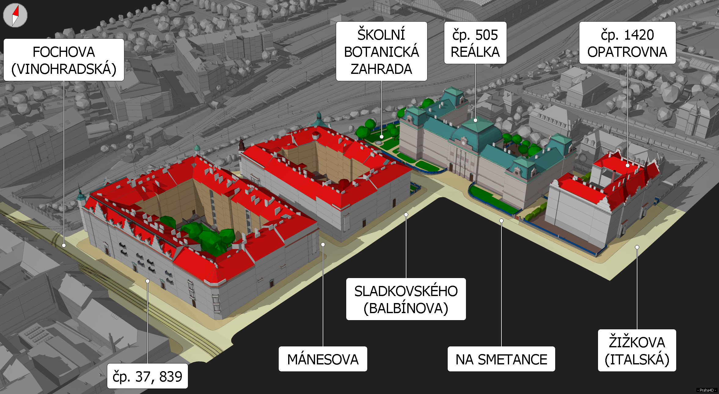 Školní areál Smetanka a domovní bloky u dnešní Vinohradské ulice.