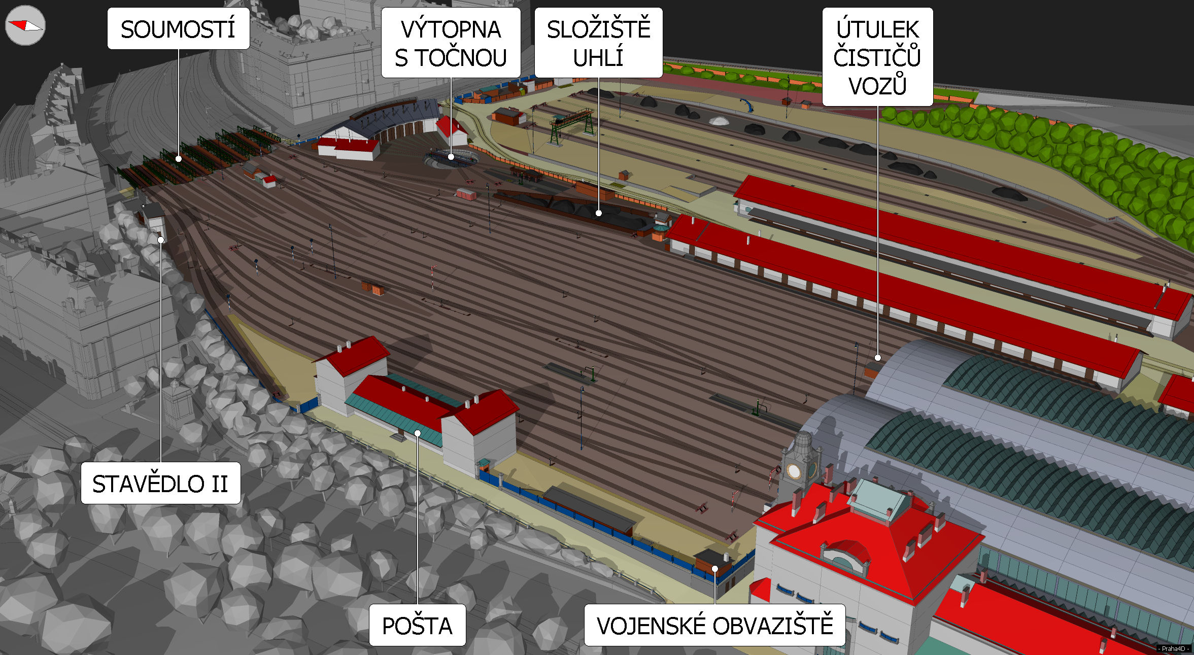 Významné budovy a objekty na severním zhlaví v roce 1924.