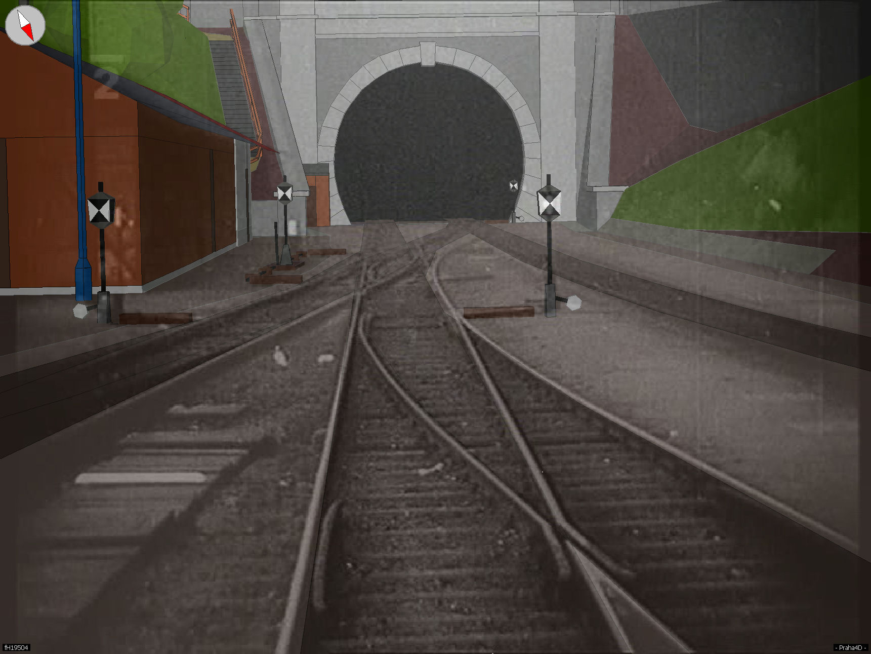 Zákres modelu do záběru portálu vinohradského tunelu z jedoucího vlaku na amatérském filmu.<br><small>Podkladové filmové políčko převzato z: <i>Hledání ztraceného času (K. Čáslavský a P. Vantuch, Česká televize)</small></i>
