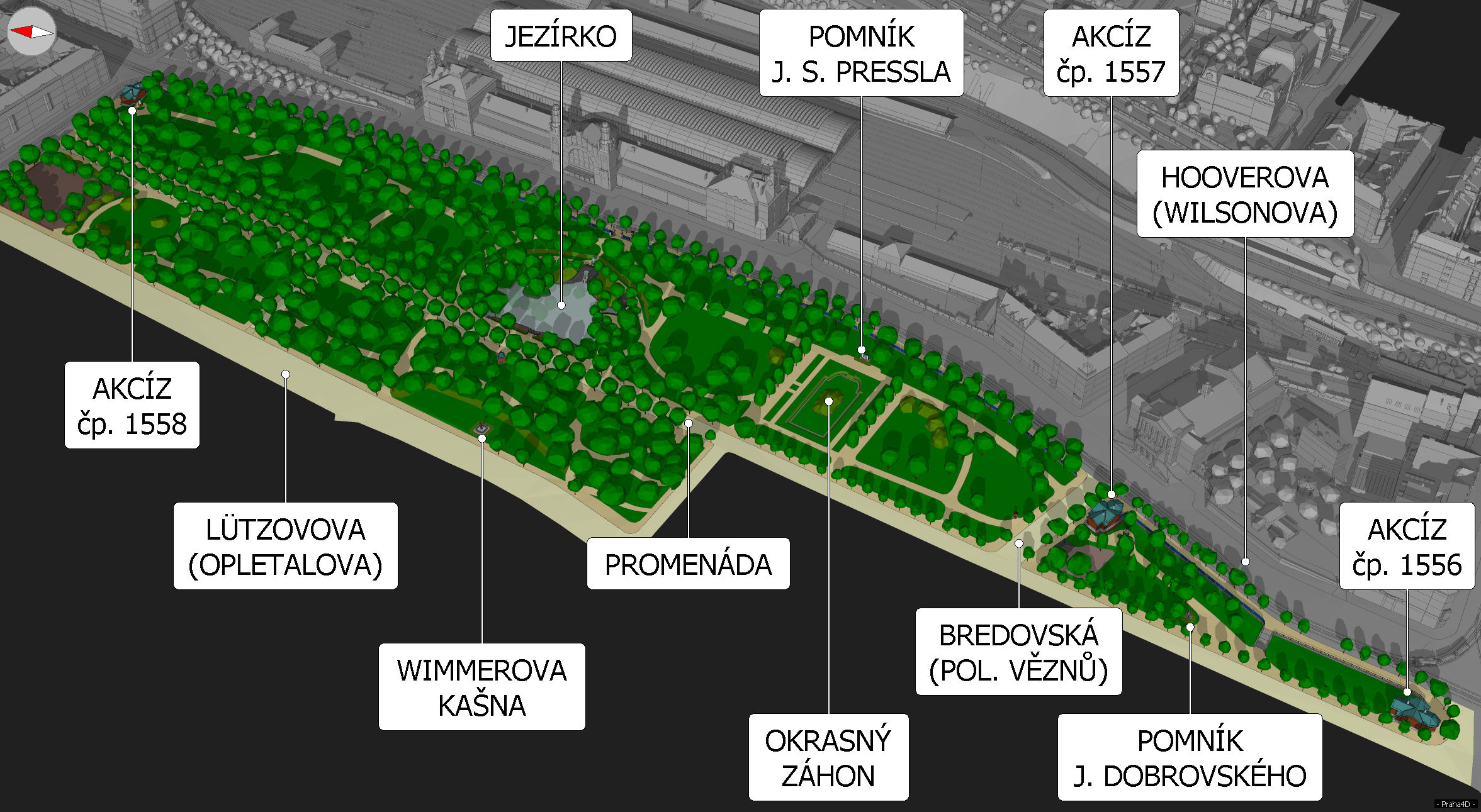 Významné objekty ve Vrchlického sadech, stav v roce 1924.