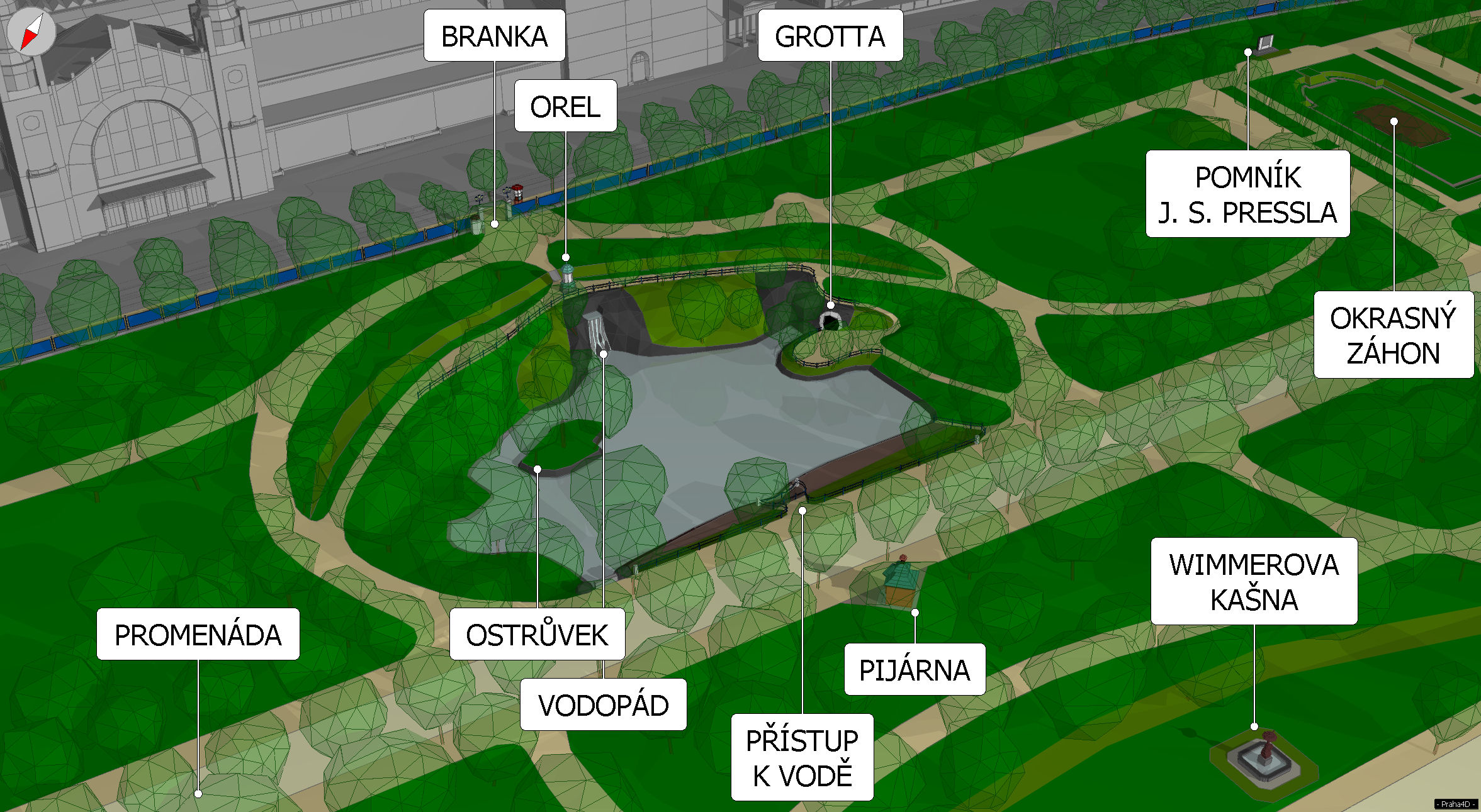 Centrální část parku s jezírkem, stav v roce 1924.